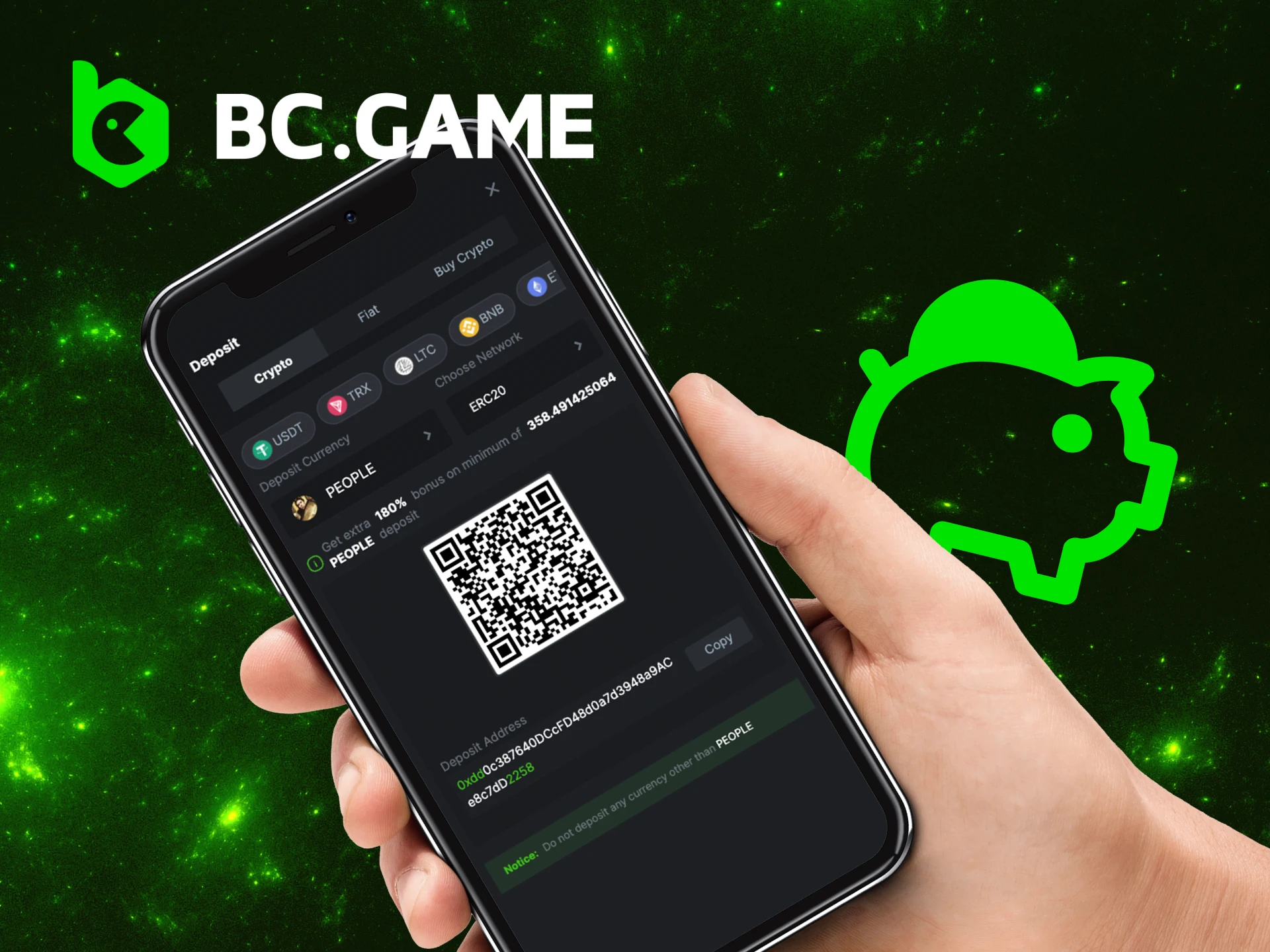 Instructions on how to make a deposit in the BC Game application.