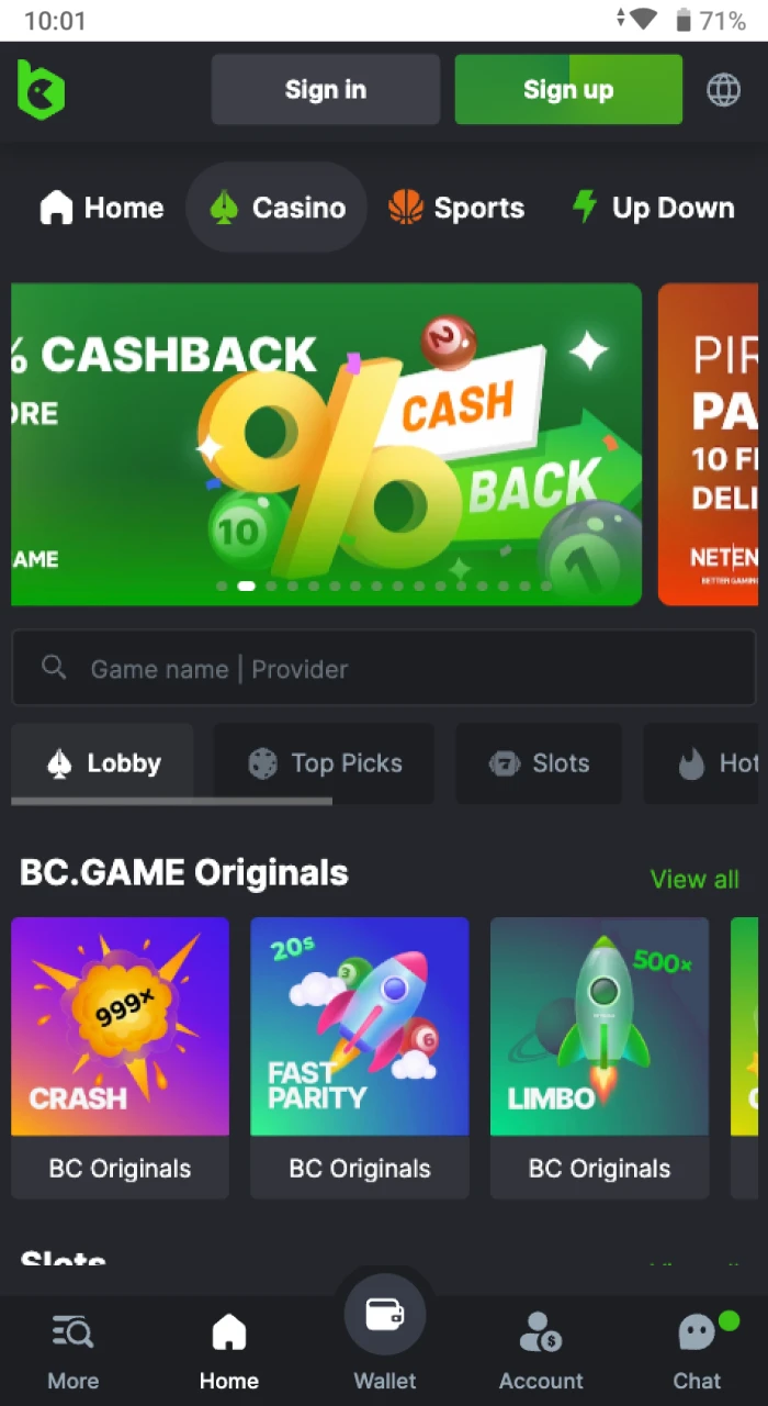 What the interface of the casino screen of the BC Game application looks like.