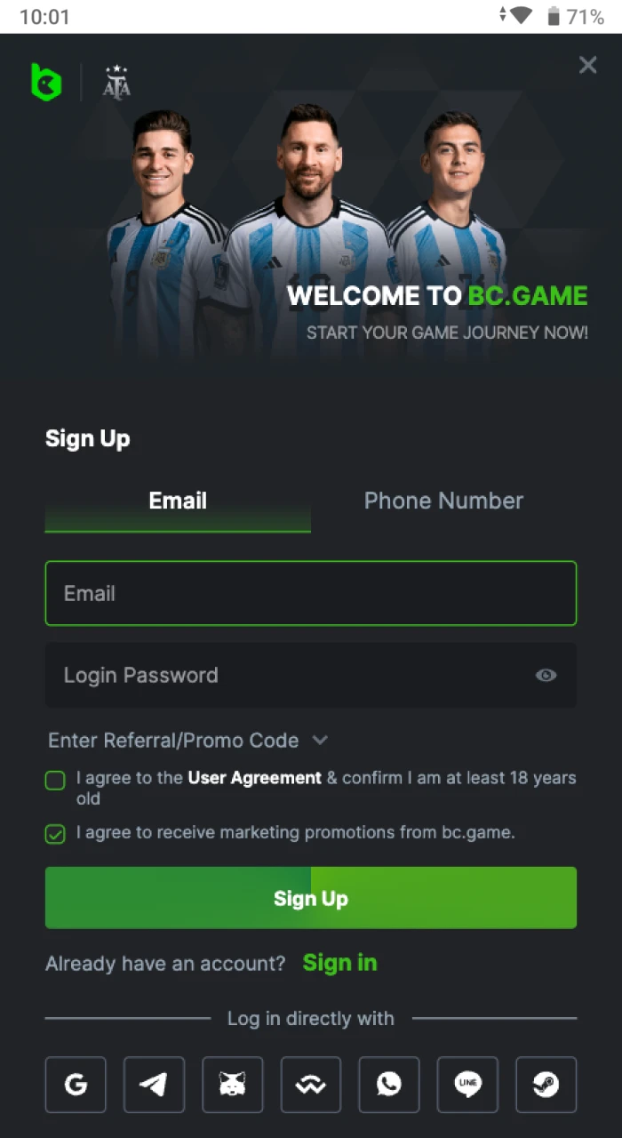 What the interface of the registration screen of the BC Game application looks like.