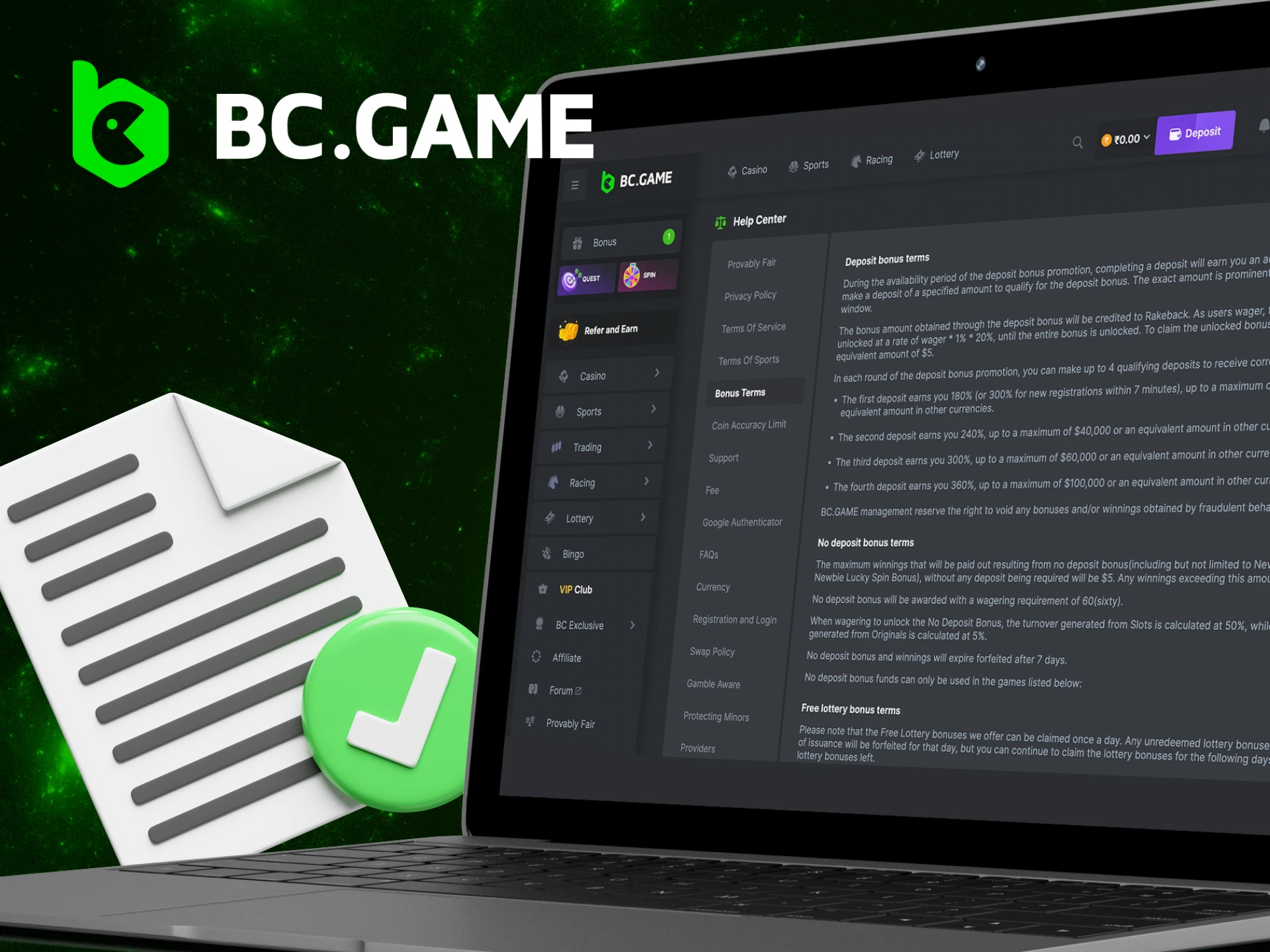 What are the terms and conditions for receiving bonuses on the BC Game website.