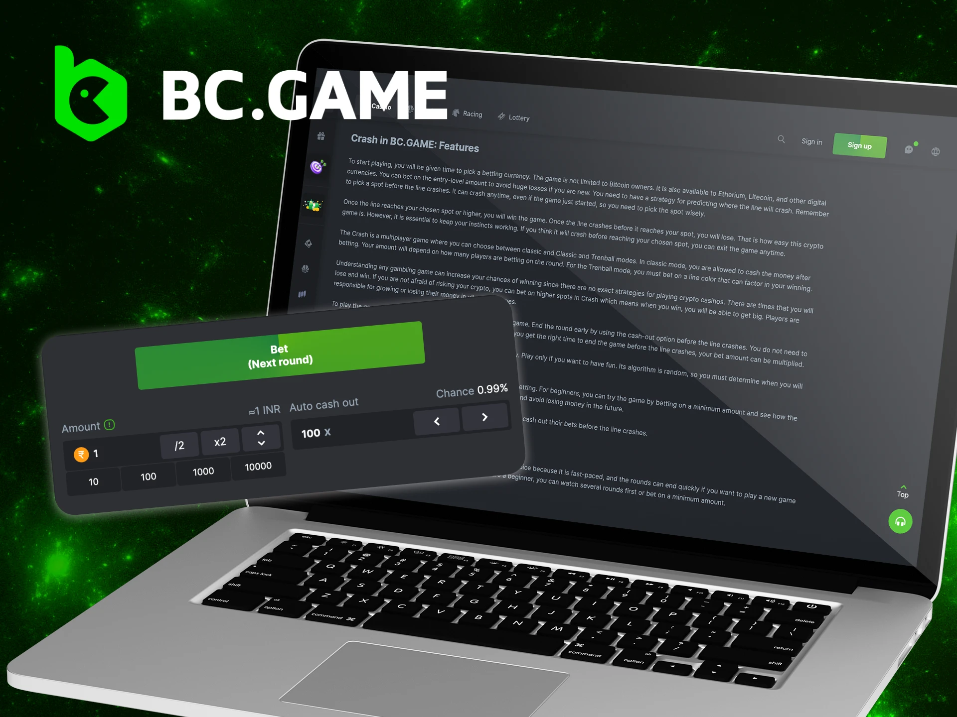 Instructions on how to start playing crash games on the BC Game casino website.