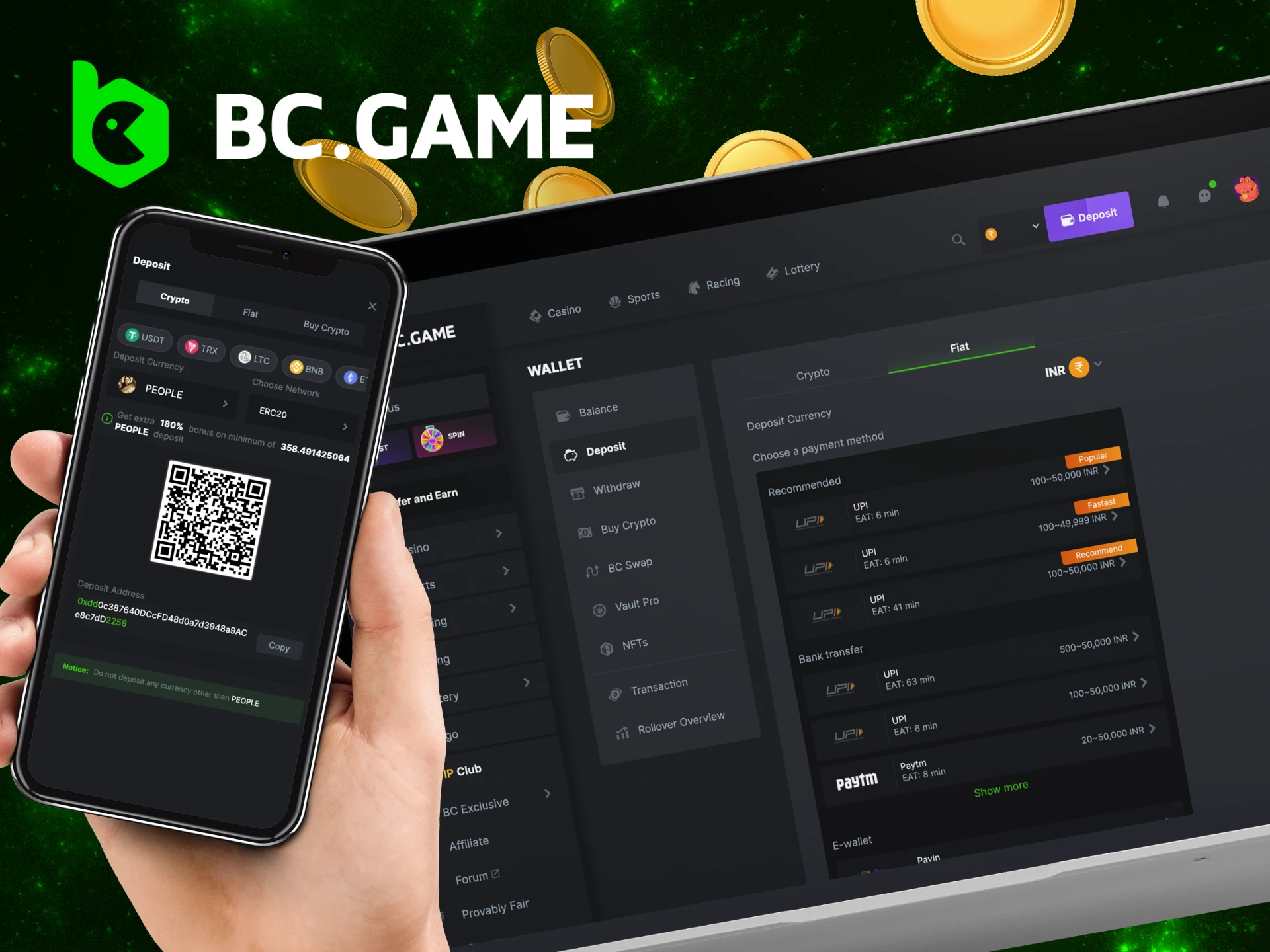 Instructions on how to deposit money into your account at the BC.Game online casino to place bets.
