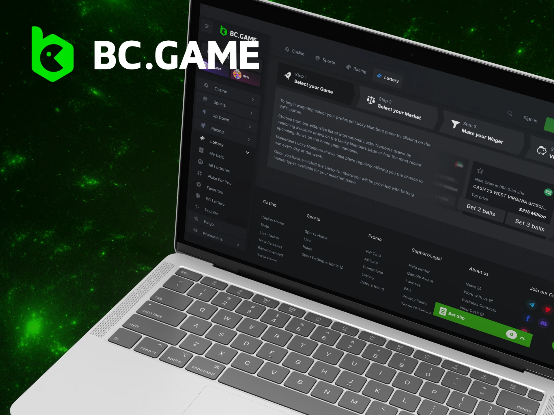 Instructions on how to start playing lotteries on the BC Game casino website.