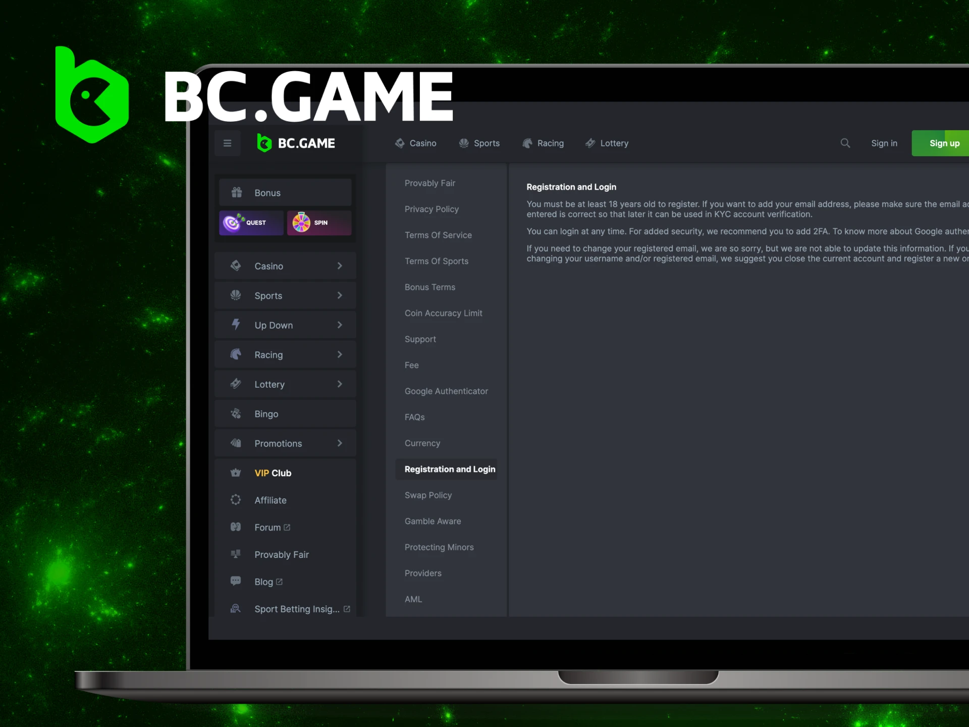 What are the requirements for registering a gaming account on the BC Game casino website.