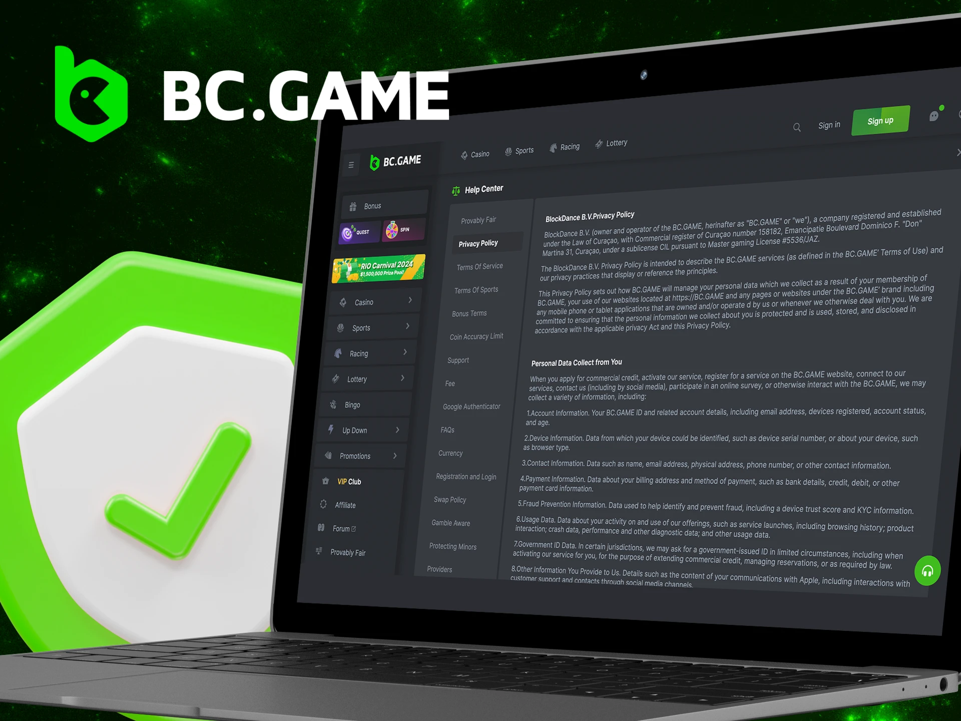 What is the Personal Data Policy at the BC Game online casino in India.