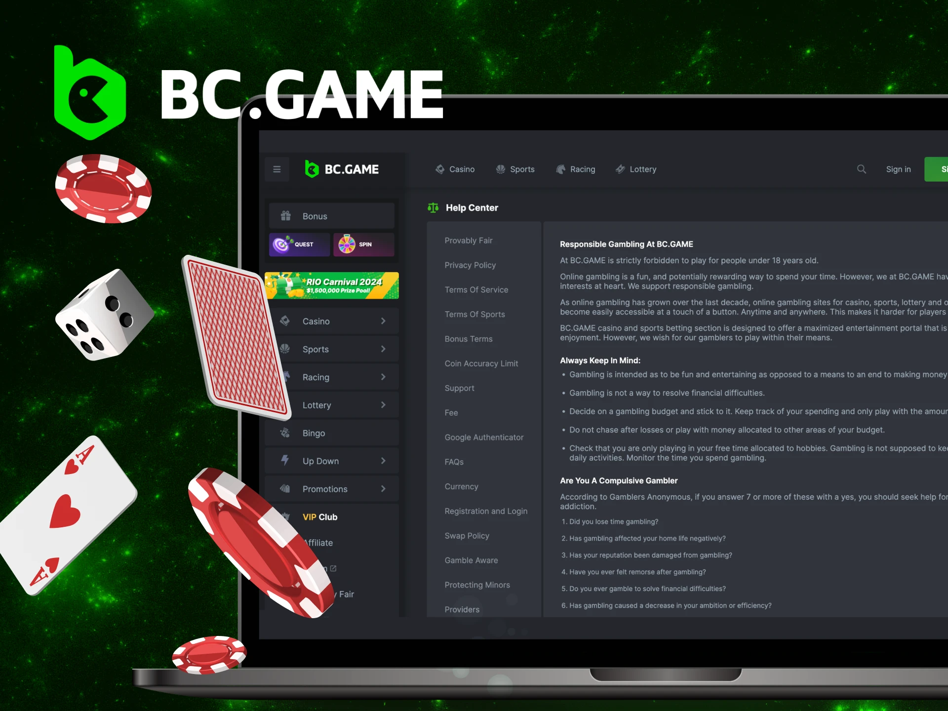 What are the main provisions for responsible gaming at BC Game online casino in India.