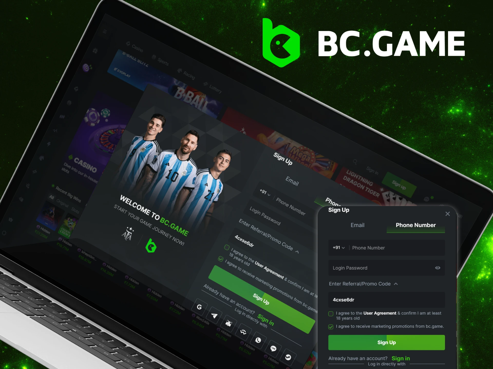 Can I create a new account using a phone number on the BC Game online casino website.