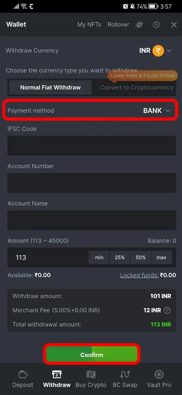 Enter the withdrawal amount and confirm the request.