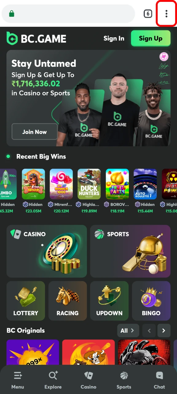 Click on three dots to open the browser menu and add a BC Game shortcut to your device.