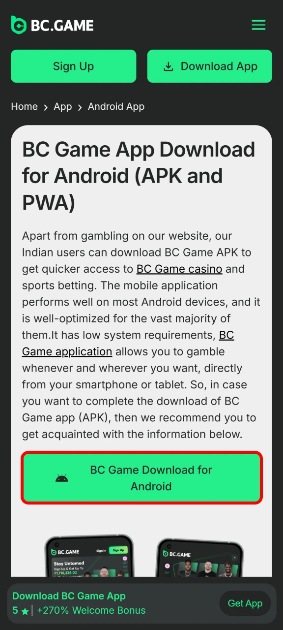 Find the Download for Android button to install the BC Game app.