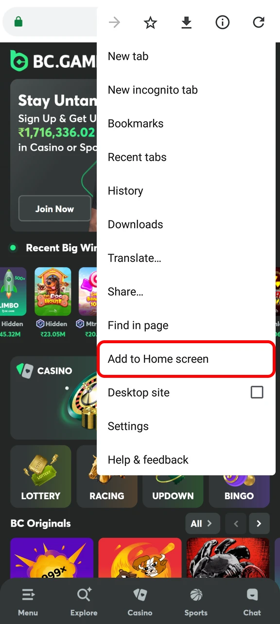 Add the BC Game shortcut via your browser menu.