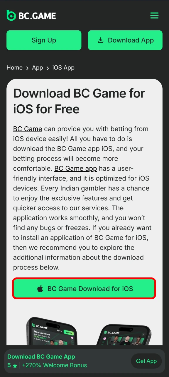 Add the mobile version of the BC Game platform to your iOS device.