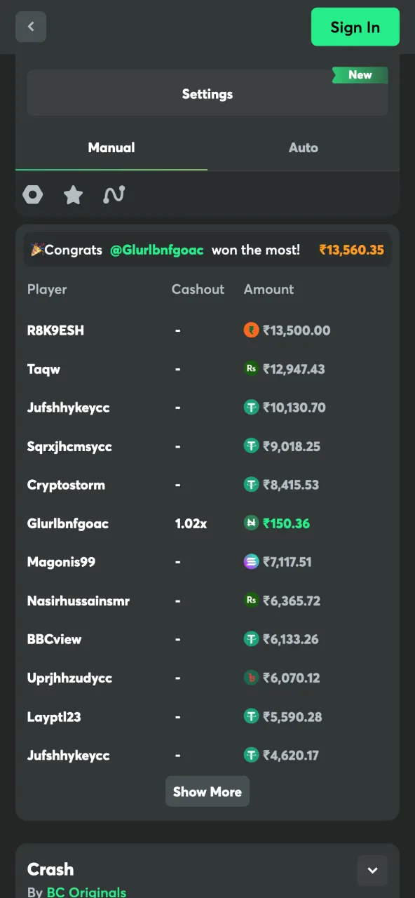 BC Game displaying players participating in Crash and their stakes.