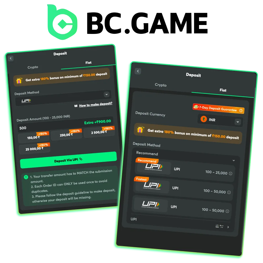 How to deposit money into an account at the BC Game online casino.