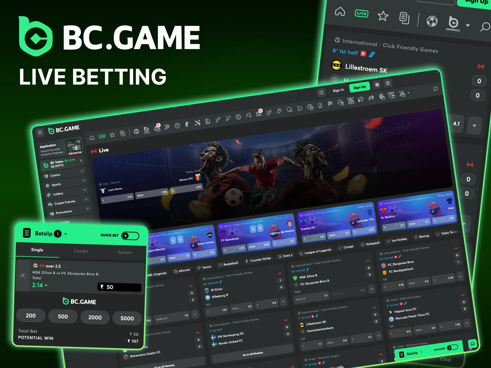 You can bet on sports in live mode at BC Game.