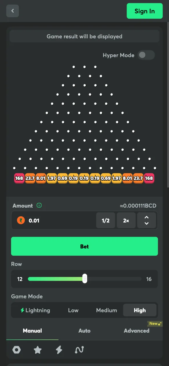 BC Game Plinko showing the high level selected.